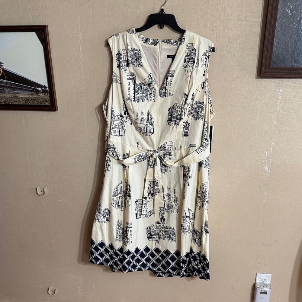 Sleeveless Cream Midi Dress with Navy Architectural Print and Tie Waist
